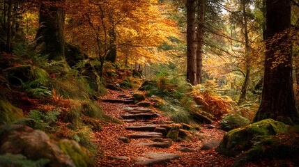 Footsteps through vibrant autumn leaves in a tranquil forest