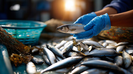 Defocused perspective from inside the barge &mdash; gloved hands sorting fish, silver scales catching scattered sunlight, soft background blur, with copy space.
