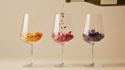 Elegant display of colorful petals in wine glasses being filled with champagne during a celebration