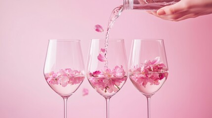 Elegant floral drinks being prepared with cherry blossoms in three clear glasses on a soft pink background