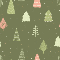 Christmas trees Vector seamless pattern Cute New Year pattern childish christmas tree doodle 
