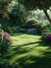 Obraz premium Landscaped garden area with vibrant green lawn. Rich plants, flowers border lawn. Sunlight casts shadows on grass creating beautiful scene. Ideal for lawn care services, landscaping designs.
