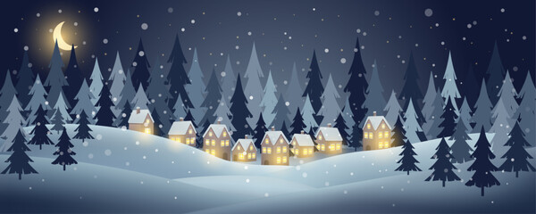 Winter night scene with cozy houses glowing in snowy pine forest under crescent moon and gentle snowfall. Vector illustration.
