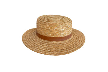 Straw boater hat with brown leather band on transparent background. Classic summer accessory made...