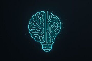 Neon brain merging with glowing light bulb circuitry symbolizing innovation and insight