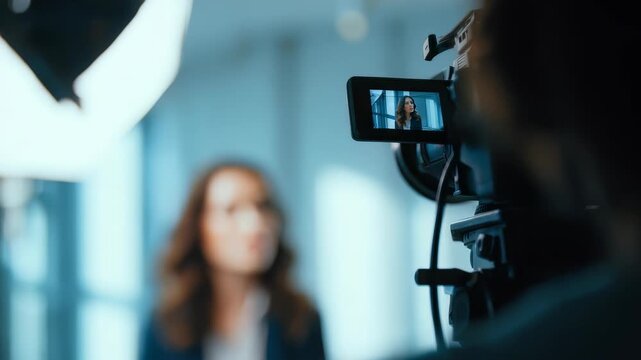 Close up of a digital video camera recording a female professional for a corporate interview in a bright, contemporary office. The scene highlights media production and modern technology