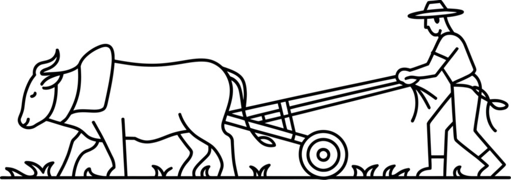 A farmer plows a field with the help of a bullock.