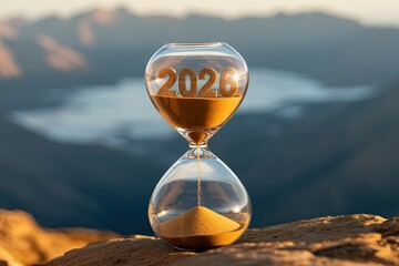 Hourglass filled with golden sand showing 2026 against a scenic sunset; symbolizes passing time, new beginnings, and planning for the future. against a landscape