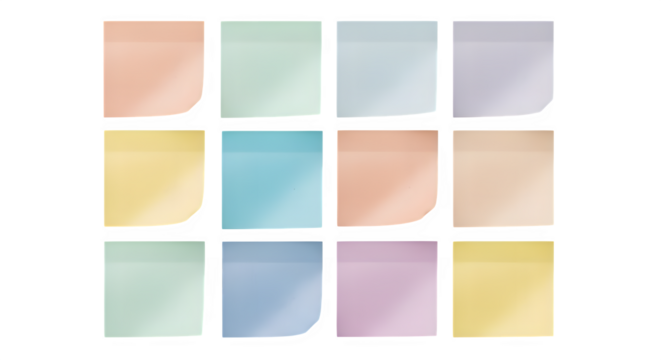 Collection of twelve pastel colored sticky notes arranged in a grid on a black background with curled corners - Powered by Adobe