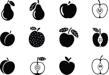 Black and white fruit icons, pear apple plum peach, minimal silhouette, cut half view, flat vector illustration, editable graphic