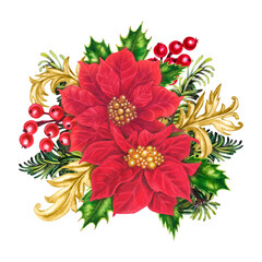 Red poinsettia. Luxurious Christmas bouquet with vintage gold decor. Rich red and green watercolor adds warmth. Flowers, holly berries, fir branches for your home, shop, stickers, scrapbook, gift card