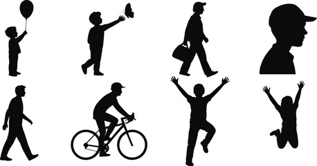Children silhouette set, kids activities, walking, jumping, cycling, playing, balloon, butterfly, flat vector illustration, black isolated icons