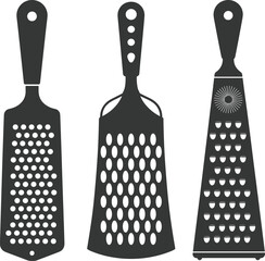 Kitchen graters vector, flat grater design, food prep tools, stainless steel utensil, cooking equipment, flat vector illustration, black silhouette