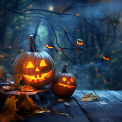 Obraz premium Shining carved Halloween pumpkins lying on the wooden board in a mystical autumn forest at night. Concept of Halloween celebration, Trick or Treat and season.