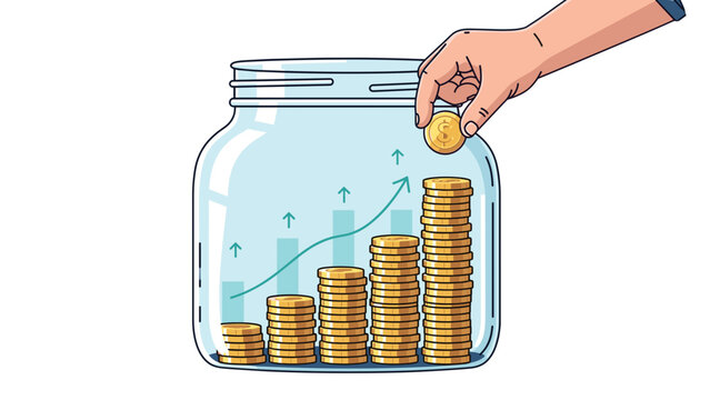 Hand putting coin into piggy bank with increasing savings graph  