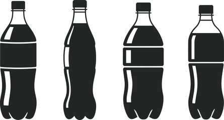 Plastic soda bottles silhouette, beverage container icons, soft drink packaging shapes, black vector design, flat vector illustration, bottle label graphic