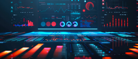 Futuristic holographic interface with digital data, charts, and analytics visualization. Concept of fintech, AI analysis, big data, and modern technology.