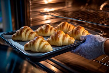 A person carefully removes a tray of golden-brown croissants from the oven in a warm kitchen. The aroma of freshly baked goods fills the air, bringing joy to the start of the day