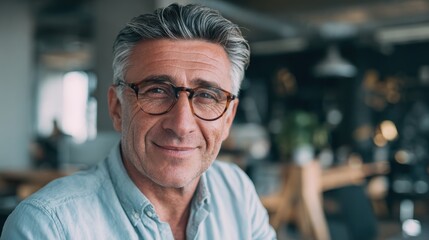 Obraz premium Portrait of happy mature businessman wearing spectacles and looking at camera. Multiethnic satisfied man. feeling confident in a creative office. Successful middle eastern business man smiling., no l