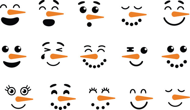 Snowman face icon set, cute expressions, winter character design, holiday emoji collection, cartoon style, flat vector illustration
