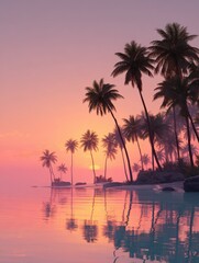 Tropical beach adorned by palm tree silhouettes during a magical sunset