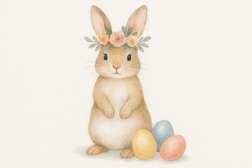 Fototapeta premium Watercolor spring bunny character with floral wreath and painted eggs printable clipart