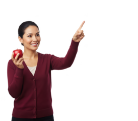 A smiling woman holding a red apple while pointing at it, against transparent background