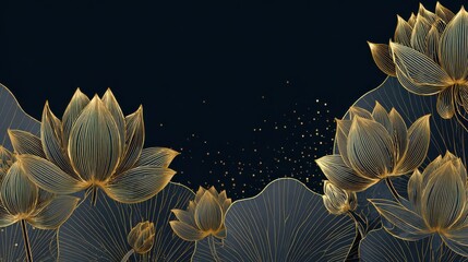 Luxury gold lotus background vector. Zen wallpaper collection with golden lotus line art. Design for yoga banner, Luxury cover design and invitation, invite, banner, Natural product packaging design.