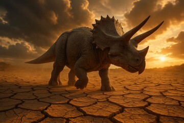 Fototapeta premium Majestic triceratops roaming arid badlands at golden hour cinematic 3D paleo scene