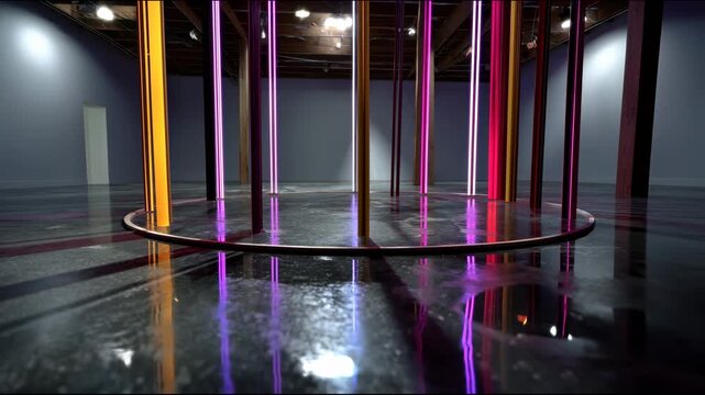 The camera slowly moves around a circle of vertical glowing poles in various colors, reflected on the shiny floor of a dark hall