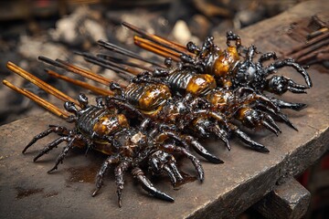 Grilled tarantulas on street food barbecue