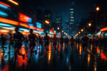 Night city marathon long exposure runners streak with neon rain and wet asphalt