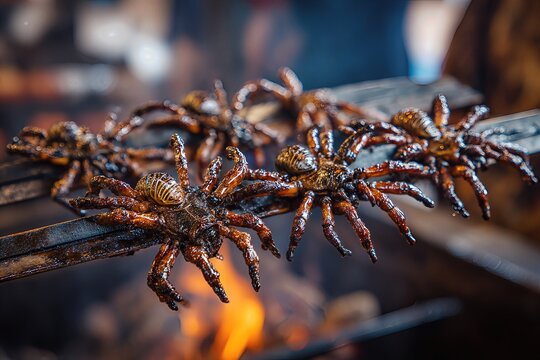 Grilled tarantulas on street food barbecue