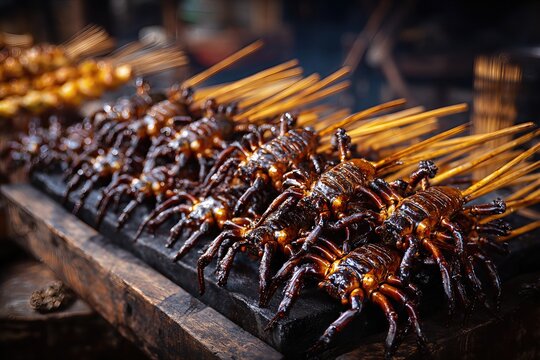 Grilled tarantulas on street food barbecue