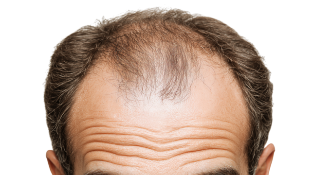 Man with thinning hair showing signs of male pattern baldness in a neutral setting Generative AI