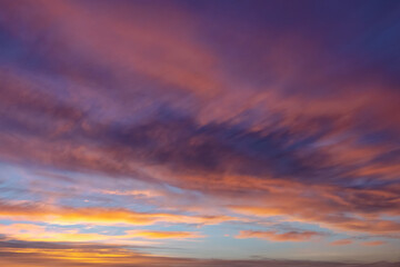 Skyline at sunrise. Colorful dawn. Sky of Ukraine. Mormon Church. European country. Megapolis Kyiv. Panorama of a big city. Sky gradient. Enchanting beauty of nature. Tourism in Europe. 