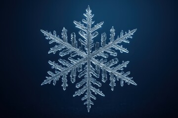 Macro snow crystal on deep blue backdrop showing intricate symmetrical icy details