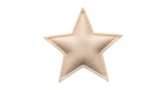 A single soft fabric star ornament with a light beige color hanging isolated on a black background