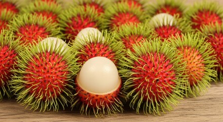 Rambutan Fruit Close-Up: Vibrant Red Shells and Creamy White Flesh on Wood