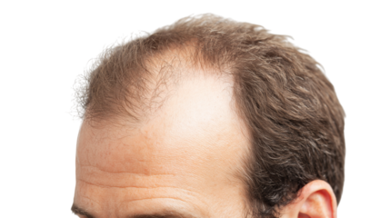 Man showing signs of hair thinning with a focused expression in a bright setting Generative AI