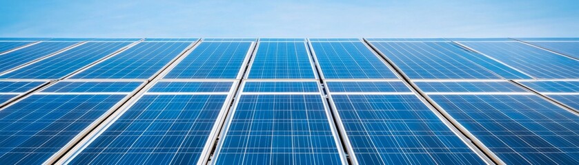 Obraz premium Blue Solar Panels Array Against Clear Sky, clean energy, photovoltaic
