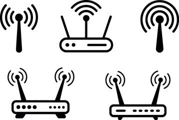 A collection of icons representing wireless network technology and connectivity.