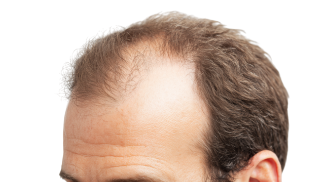 Man showing signs of hair thinning with a focused expression in a bright setting Generative AI