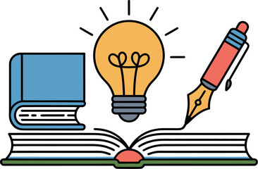 A book is open with a pen writing on its pages and a lightbulb glowing above, symbolizing new ideas.