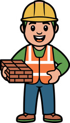 A cartoon construction worker holding a stack of bricks and wearing a hard hat and safety vest.