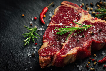 Obraz premium Juicy raw T-bone beef steak with sea salt flakes, aromatic rosemary sprigs, and chili peppers on a dark slate background. Perfect for culinary themes and healthy eating.