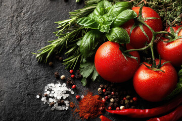Fresh red tomatoes, fragrant green basil, rosemary, and colorful spices like peppercorns, sea salt, and chili peppers are arranged on a dark stone background.