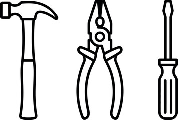 A hammer, pliers, and screwdriver are shown in a simple line drawing against a white background.