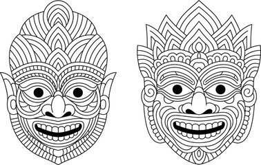 Two intricately designed masks with decorative patterns are displayed side by side.
