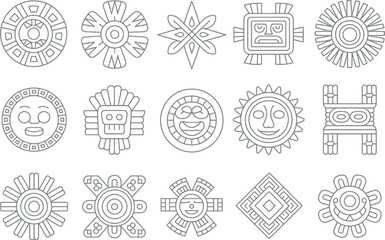Ancient Aztec cultural symbols and icons are presented in a clean, illustrative line art style.